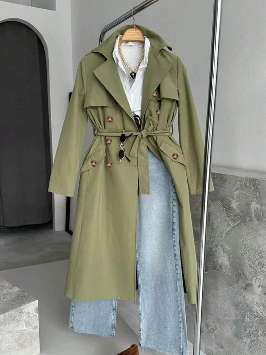 Green Casual Women's Long Sleeve Single-Breasted Trench Coat - Picture 3 of 4